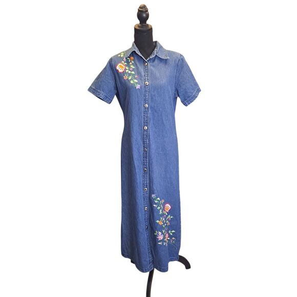Vintage 90’s Denim Dress Bea Classics Womens M Cottagecore Floral Embroidered - Picture 1 of 9
